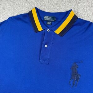 Polo Ralph Lauren Polo Shirt Mens 2XLT Blue Big Pony Yellow Stripe Collar Cotton